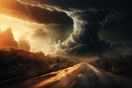 carretera de noche lloviendo con tornado negro  al fondo, ilustracion de ia generativa