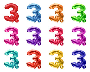 Set of 3 percent in 3d rendering isolated on transparent background for discount, promotion and sale concept
