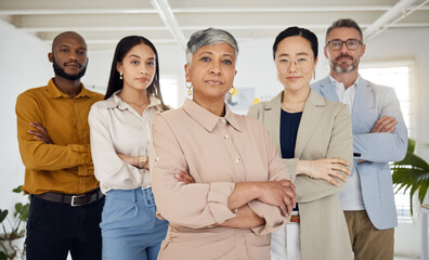 Business people, serious and arms crossed portrait in a office with diversity and senior woman ceo. Company, management team and confidence of professional leadership and creative agency group - obrazy, fototapety, plakaty