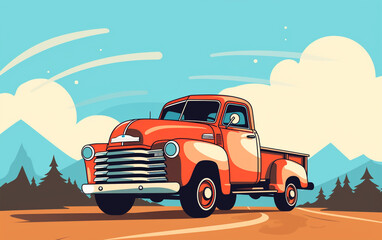 truck in the desert. A vector illustration of an American pickup portrayed in a sleek flat style.
