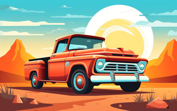 A vector illustration of an American pickup portrayed in a sleek flat style. car on the beach.
