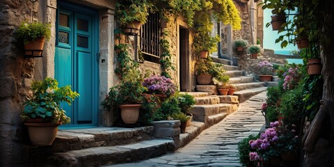 Fototapeta na wymiar AI Generated. AI Generative. Old retro vintage street walk in Europe village small city countryside decoration with plants. Cozy little town walking streets
