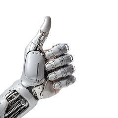 A cyborg hand, robot hand giving thumbs up isolated on transparent background. Generative AI