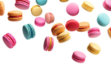 Obraz premium Various colorful of macarons floating on the air isolated on clean png background, Desserts sweet cake concept, with Generative Ai.