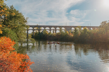 Railway Bridge with river in Bietigheim-Bissingen, Germany. Autumn. Railway viaduct over the Enz...