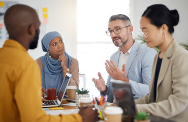 Solution, planning and teamwork with business people in meeting for brainstorming, project management or partnership. Strategy, collaboration and mentor with employees in office for client proposal