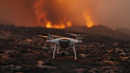 quadrocopter removes and corrects the fire. against the backdrop of flames and fire. CCTV. generative ai