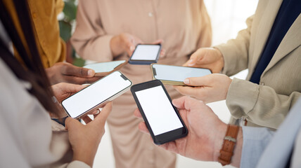 Business people, group and phone mockup screen for advertising, digital marketing and social network. Closeup of employees, hands and search space on mobile for multimedia, app and download UX data
