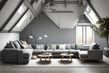 Grey attic living room interior with sofa , Generative ai