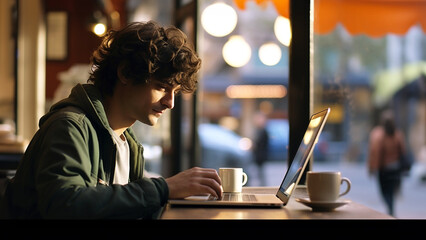 A handsome smiling young caucasian man sitting in a coffee shop. Working, studying, concentrating on his laptop screen. Achieve a goal, target or finish a task, success concept made by Generative AI.