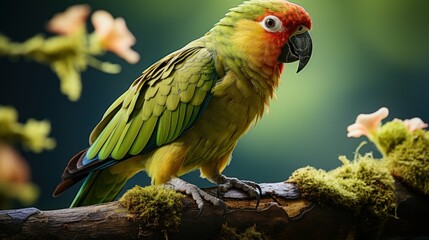 Vivid green parrot perched on a branch, tropical foliage blurred in the background.