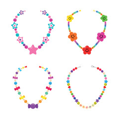 Set of colored necklaces in a cartoon style. Vector illustration of cute different necklaces: with stars, candies, emoticons, inscription isolated on white. Childrens necklaces. Girls jewelry.