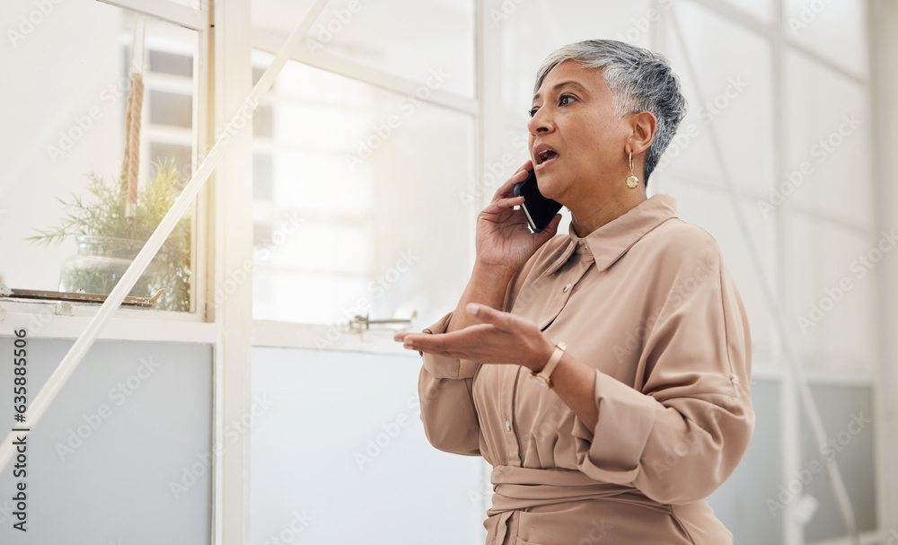 Aufkleber senior woman, phone call and networking in a office with a smile and mobile conversation for work. p