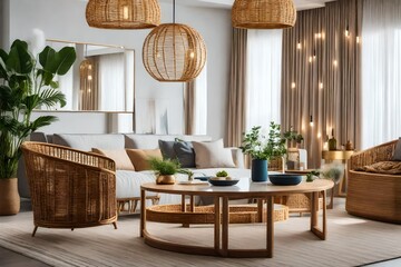 Home interior mock-up with rattan furniture, table and decor in living room , Generative ai
