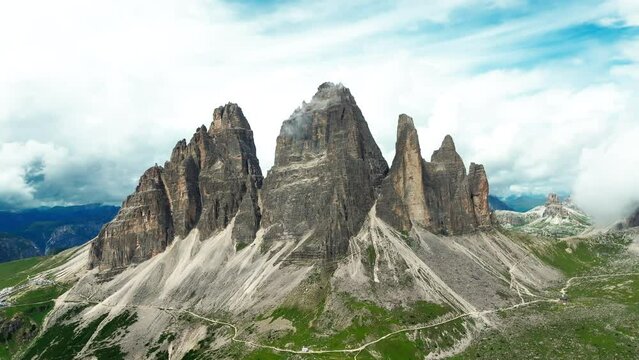 Tre Cime di Lavaredo rocks shoot from drone. South Tirol, Europe, Italy.