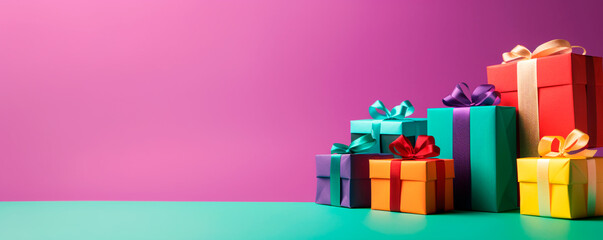 Close-up gifts on purple background, banner, copy space