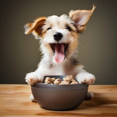 A happy small terrier mix puppy eagerly eating its kibble from a bowl - obrazy, fototapety, plakaty
