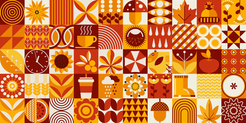 Bauhaus pattern with autumn and harvest for Thanksgiving. Mosaic style. Simple geometric shapes. Textile background with Bauhaus autumn rain, vegetables, fruits, flowers, tea, coffee