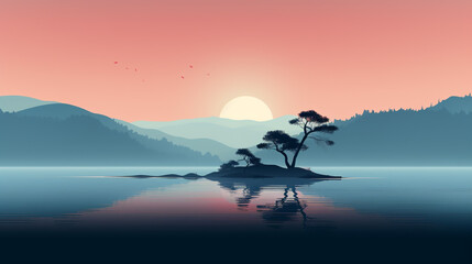 Obraz na płótnie Canvas silhouettes of trees on the island against the backdrop of a sunset in the mountains minimalist style. Generative Ai. 