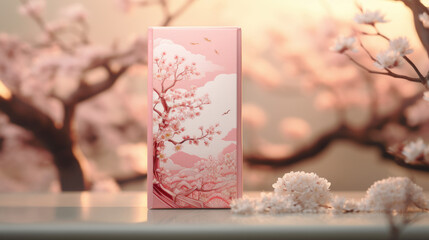 pink cherry blossom paper packet box on cherry blossom background