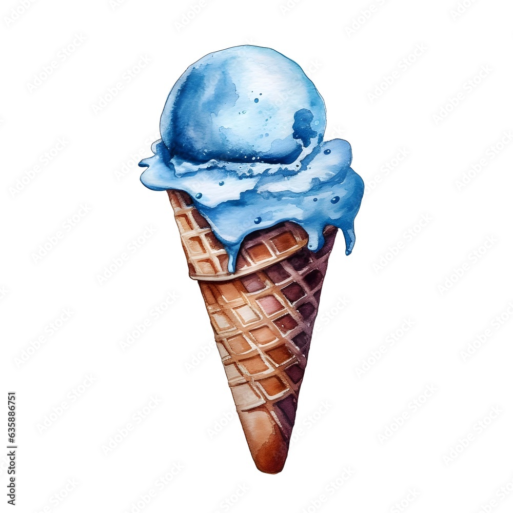 Wall mural Blue ice cream with cone isolated on white background i watercolor style