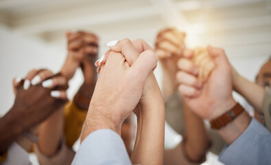 Holding hands, business people and office support with diversity, partnership and collaboration....
