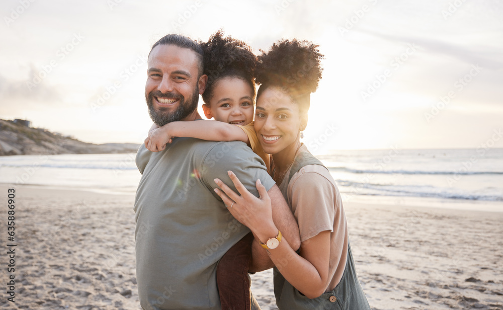 Sticker Portrait, hug and family with sunset, beach and love with vacation, journey and ocean getaway. Happy parents, mother or father with girl, child or embrace with seaside holiday, adventure and travel