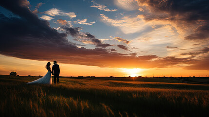 Newlywed couple holding hands in a field at sunset