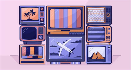 Old tv lo fi aesthetic wallpaper. Vintage electrical appliances. TV signal noise and films on screens 2D vector cartoon objects illustration, purple lofi background. 90s retro album art, chill vibes - obrazy, fototapety, plakaty