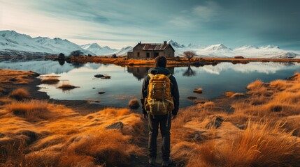 Fototapeta premium Adventurer overlooking lowlands and hills from mountain's edge, back view, male