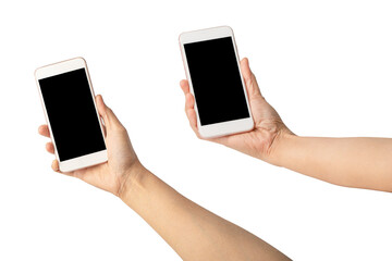 Holding mobile phone to communication isolated on white background.