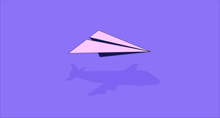 Flying paper plane lo fi aesthetic wallpaper. Shadow of plane. Origami hobby. Traveling 2D vector cartoon object illustration, purple lofi background. 90s retro album art, chill vibes