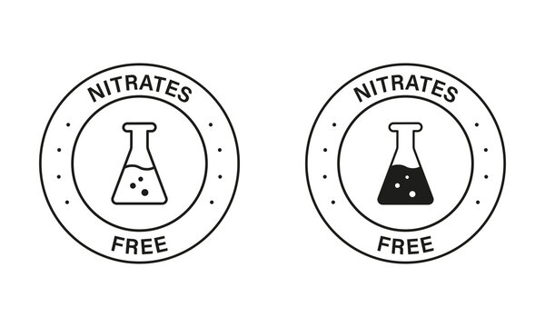 Free Nitrites in Food Ingredient Symbol Collection. Nitrates Free Black Stamp Set. No Nitrate Label. Nutrition Certified Control Not Nitrate Sign. Guarantee Non Nitrite. Isolated Vector Illustration