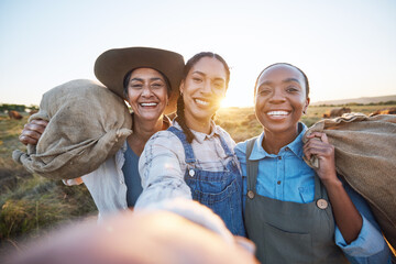 Agriculture, selfie and woman friends on farm for cattle, livestock or feeding together. Portrait,...