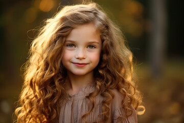 Fototapeta premium Young girl with long curly blonde hair in a forest, beige dress