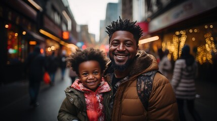 Fototapeta premium Cheerful black man in warm clothes standing with child on city street