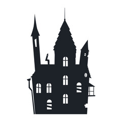 Fototapeta premium Creepy old castle black silhouette Halloween vector illustration isolated on white.
