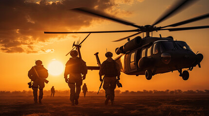 Fototapeta na wymiar silhouettes of soldiers and helicopter against the vibrant colors of a sunset sky.