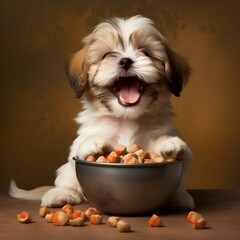 A happy Lhasa Apso dog puppy eagerly eating its kibble from a bowl - obrazy, fototapety, plakaty