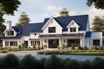 Naklejka premium Contemporary farmhouse featuring white and blue accents.