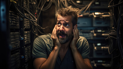 crying and stressed server technician in server room
