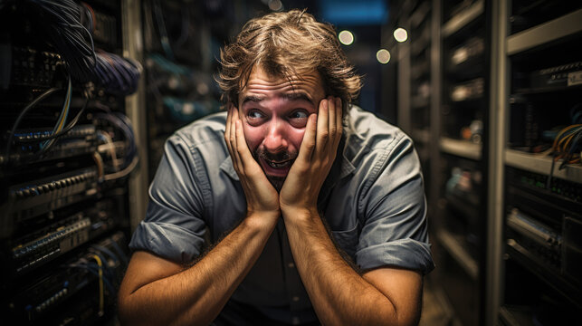 crying and stressed server technician in server room	
