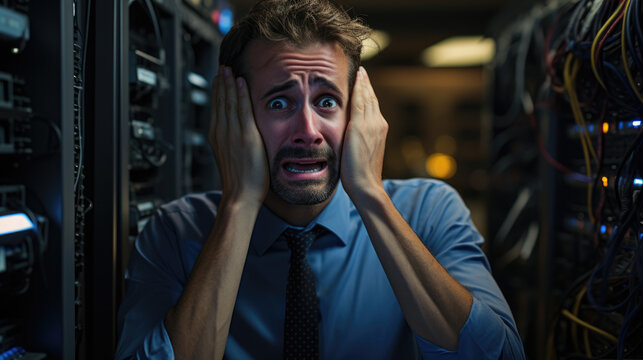 crying and stressed server technician in server room