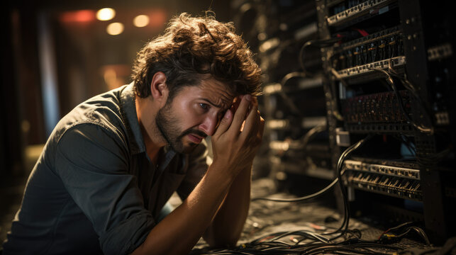 crying and stressed server technician in server room - Powered by Adobe