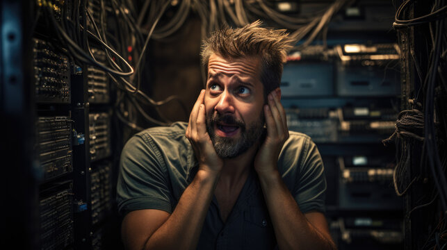 crying and stressed server technician in server room