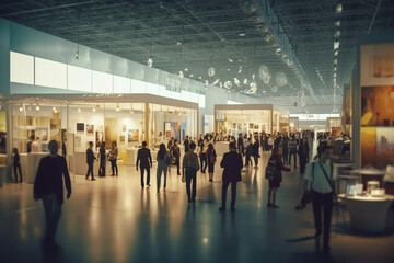 Fototapeta na wymiar Expansive Exhibition Hall Abuzz with Numerous Visitors Exploring Engaging Displays - AI generated