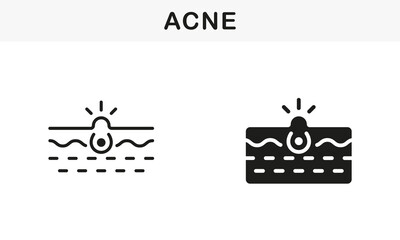 Deep Dirty Pore, Skin Problem Symbol Collection. Skin Acne, Blackhead, Comedo Line and Silhouette Black Icon Set. Pimple and Inflammation Sebum Pictogram. Isolated Vector Illustration