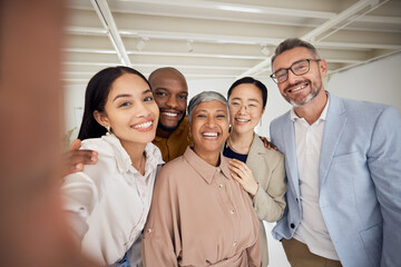 Portrait, selfie and diversity of business people smile in office for trust of global team...