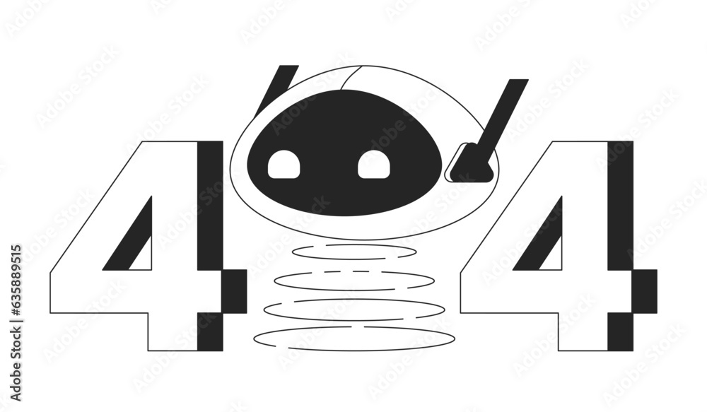 Poster robot head on spring black white error 404 flash message. artificial intelligence. monochrome empty 