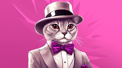  a cat wearing a suit and a hat with a bow tie.  generative ai